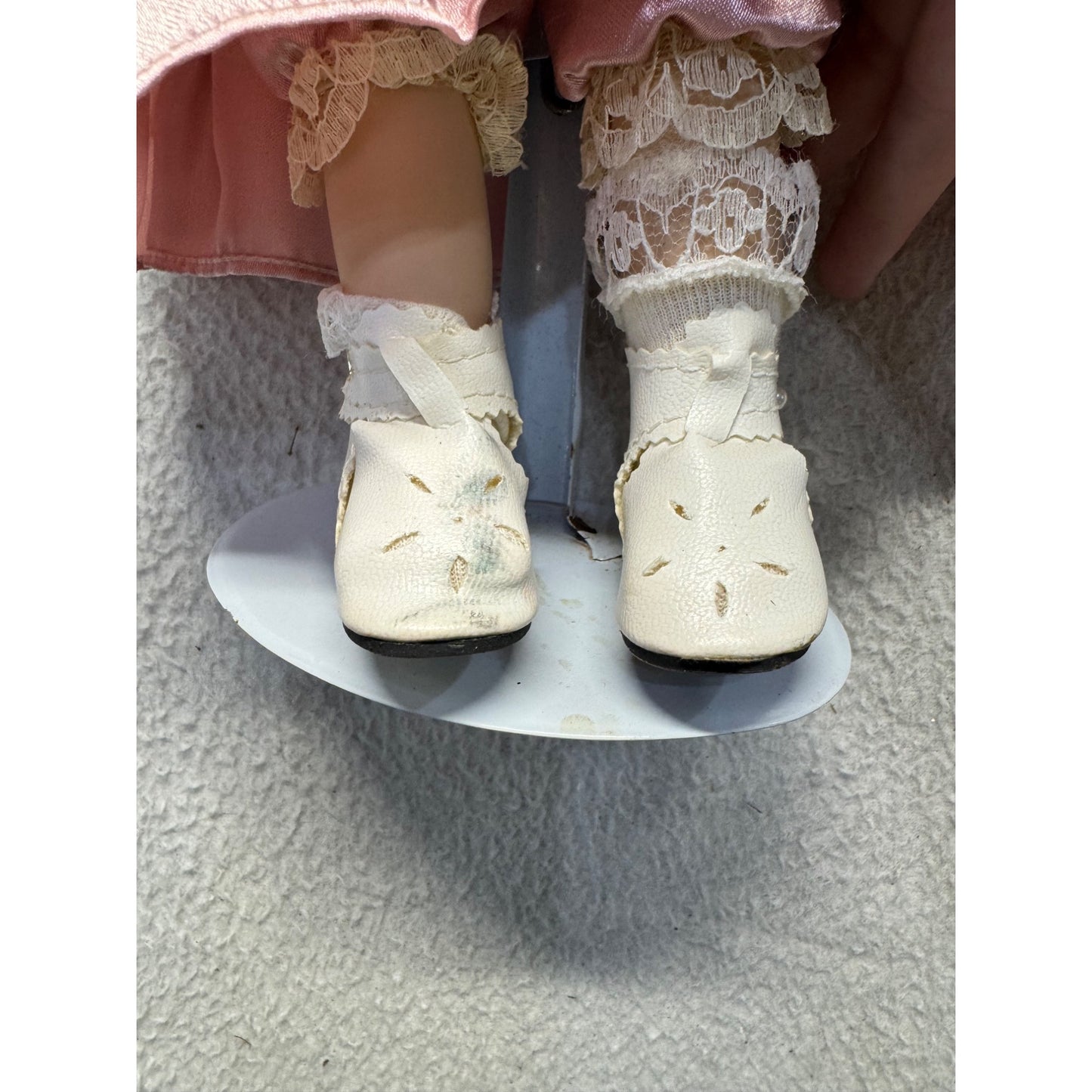 Vintage Porcelain Doll With Blonde Braids & Pink Satin Lace Dress On Stand #427B