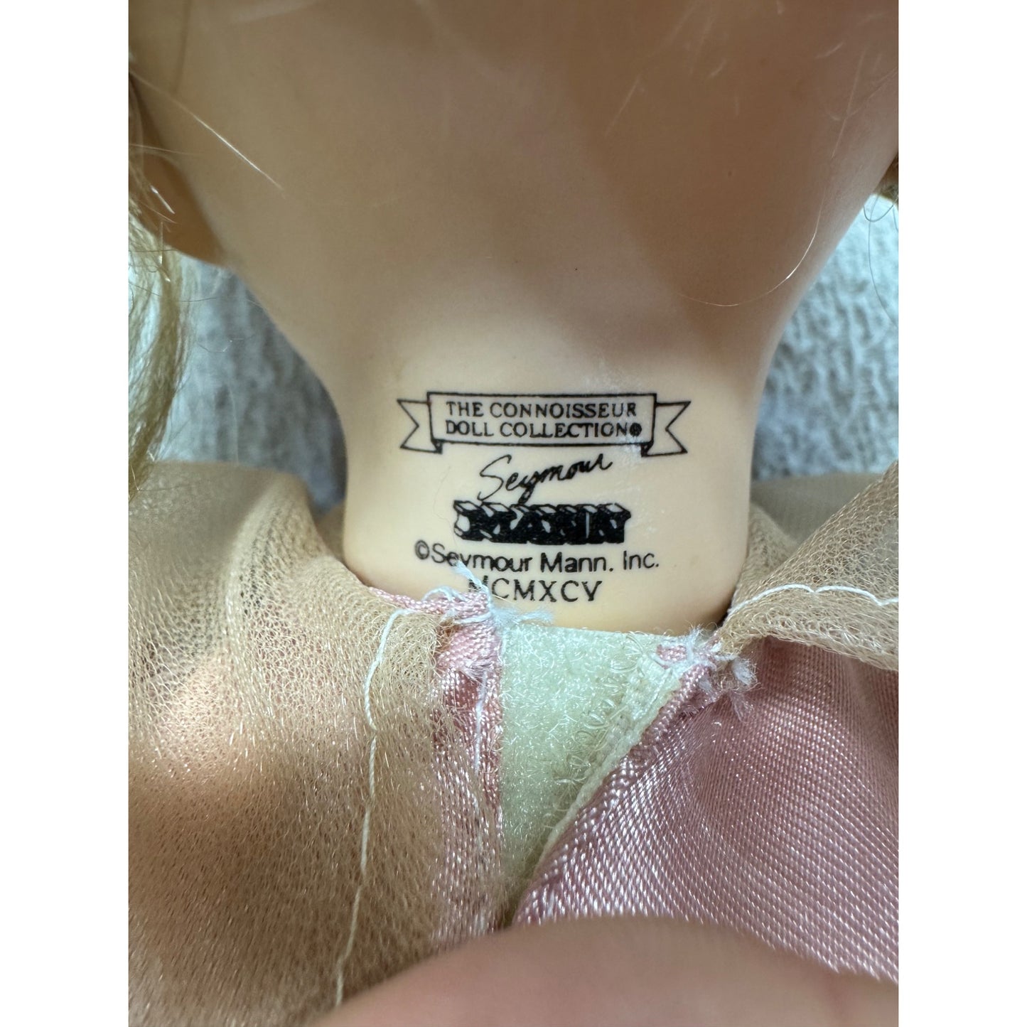 Vintage Porcelain Doll With Blonde Braids & Pink Satin Lace Dress On Stand #427B