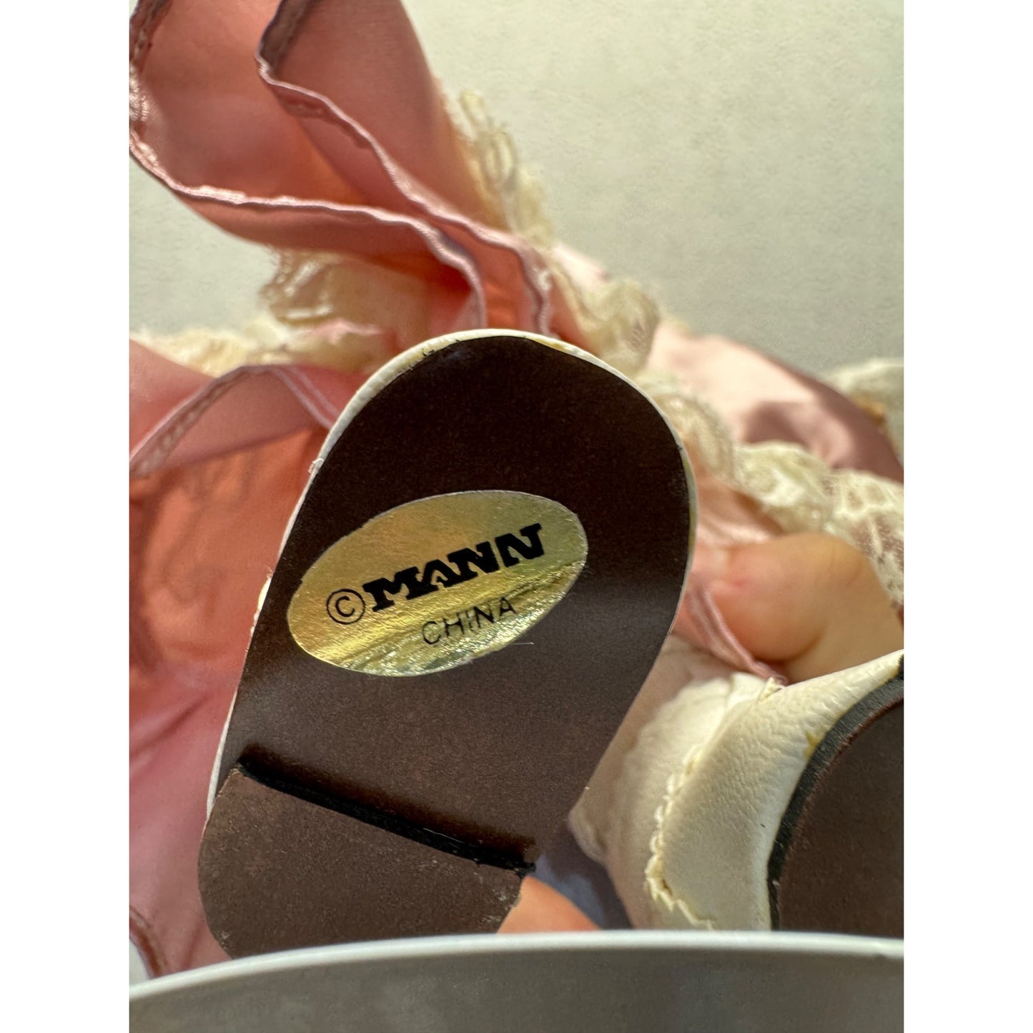 Vintage Porcelain Doll With Blonde Braids & Pink Satin Lace Dress On Stand #427B