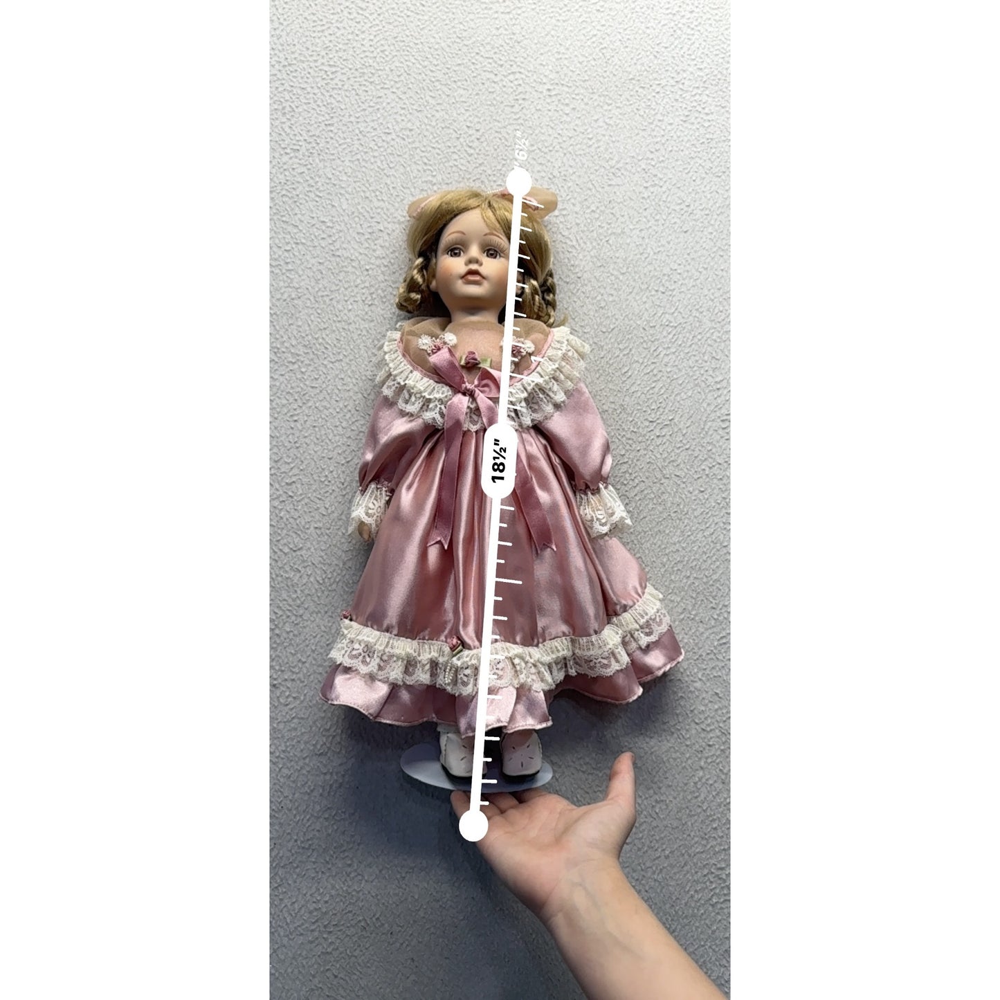 Vintage Porcelain Doll With Blonde Braids & Pink Satin Lace Dress On Stand #427B