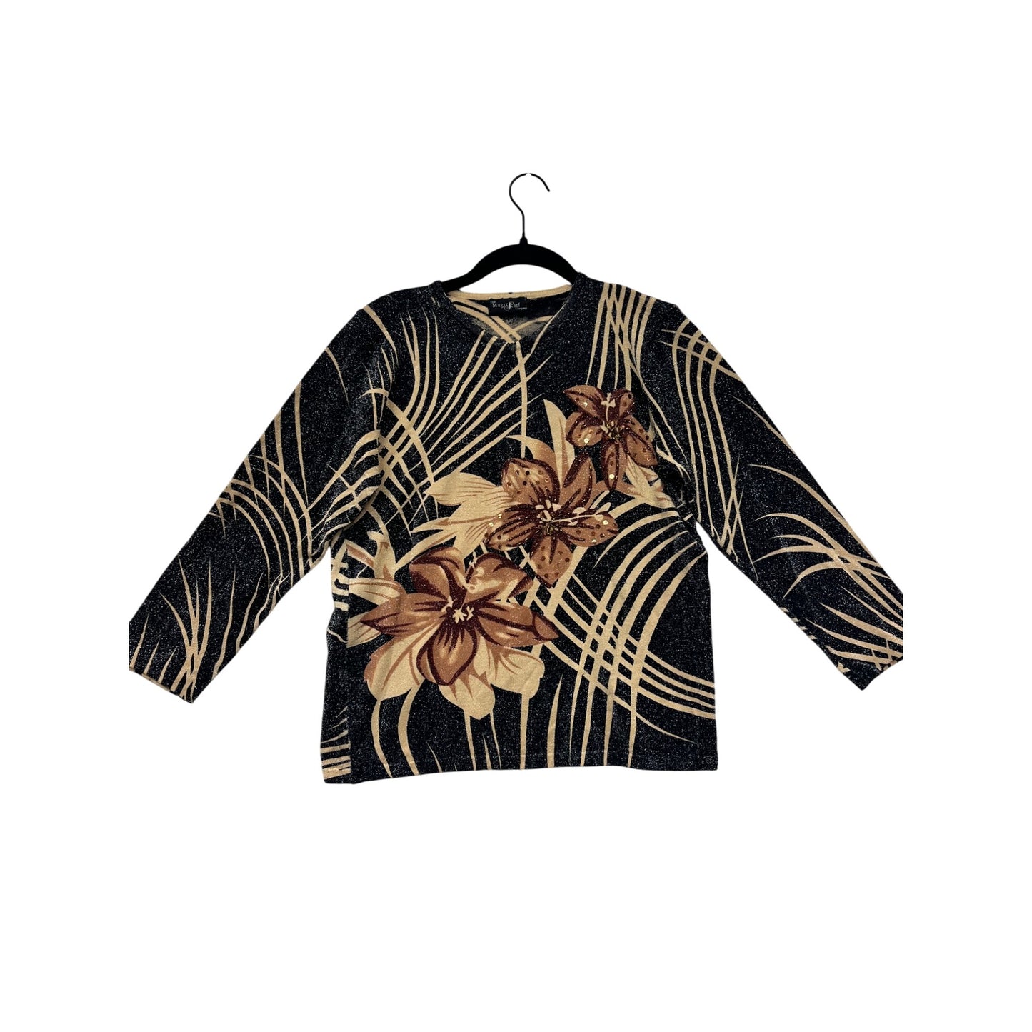 Medium Black & Beige Floral Print Long Sleeve Top #8522