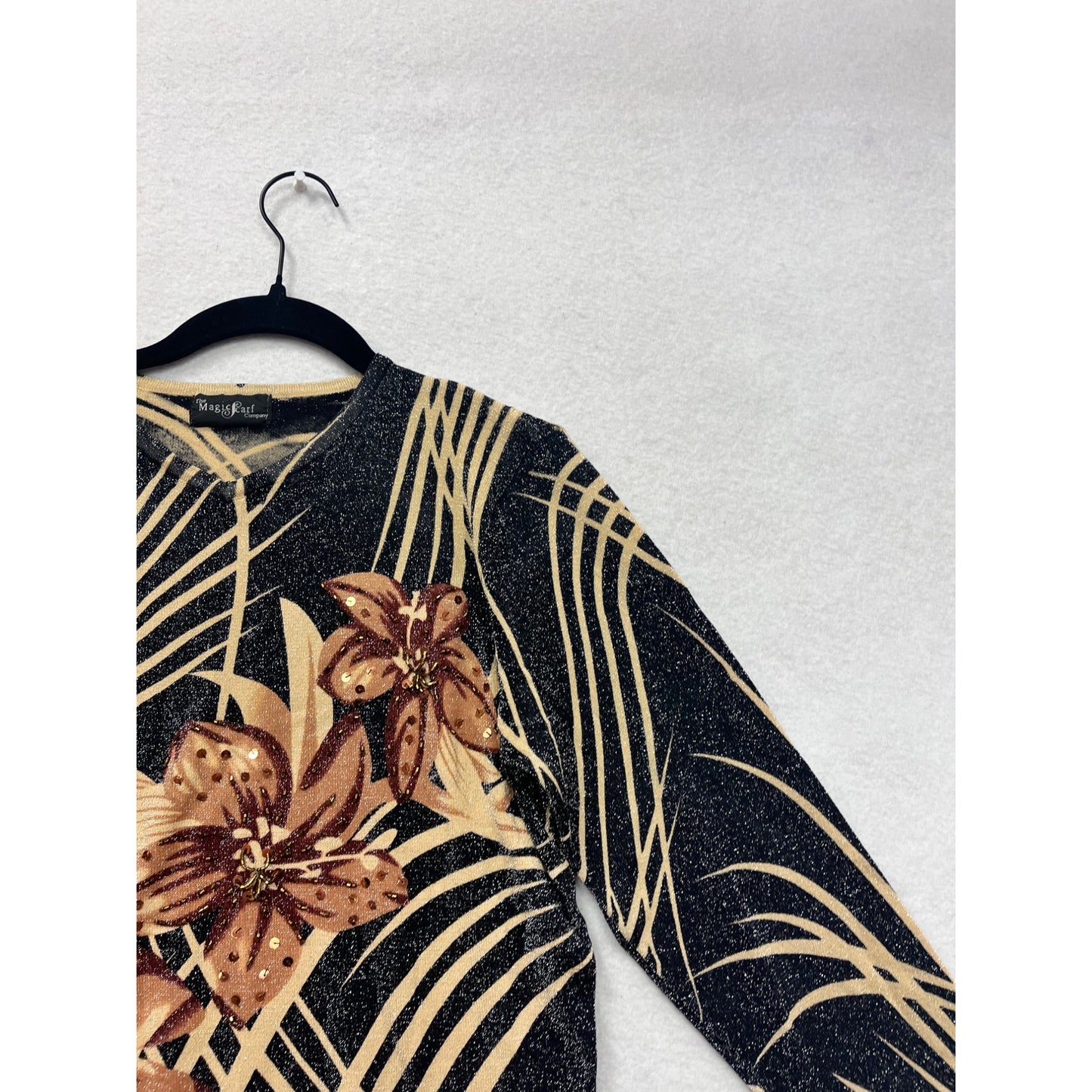 Medium Black & Beige Floral Print Long Sleeve Top #8522