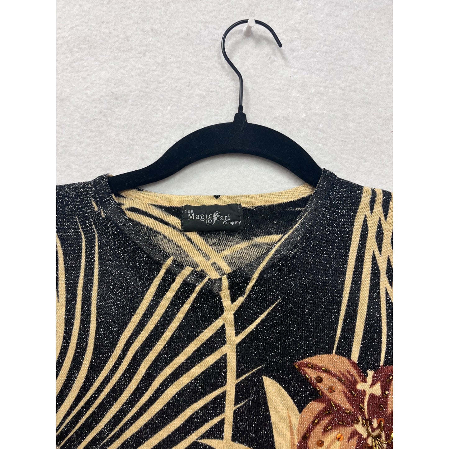 Medium Black & Beige Floral Print Long Sleeve Top #8522