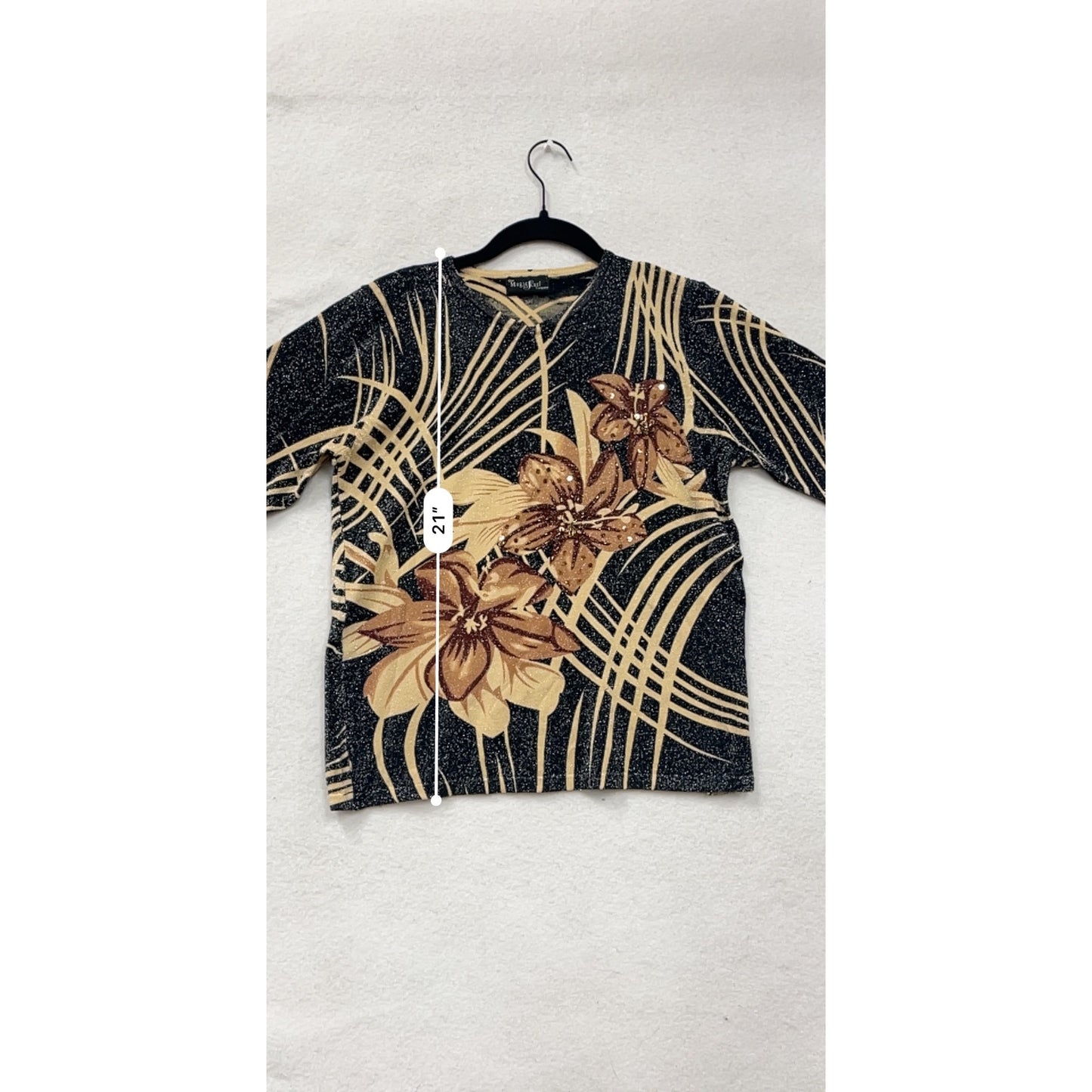 Medium Black & Beige Floral Print Long Sleeve Top #8522