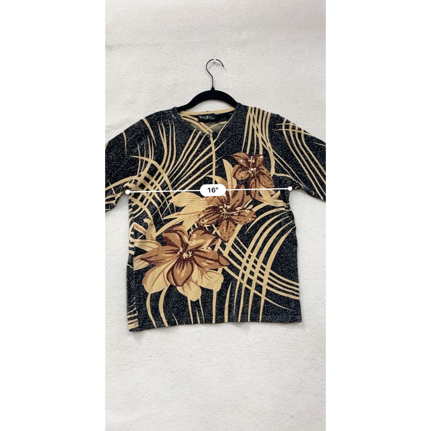 Medium Black & Beige Floral Print Long Sleeve Top #8522