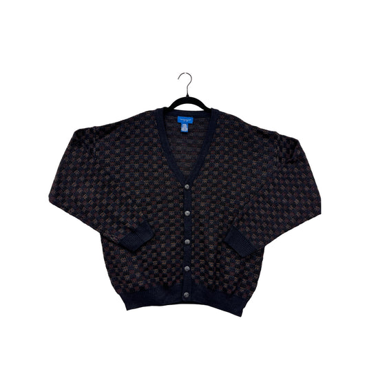 Vintage Towncraft Mens Cardigan Sweater Large Black/Brown Checkered Acrylic Polyester Knit #6837