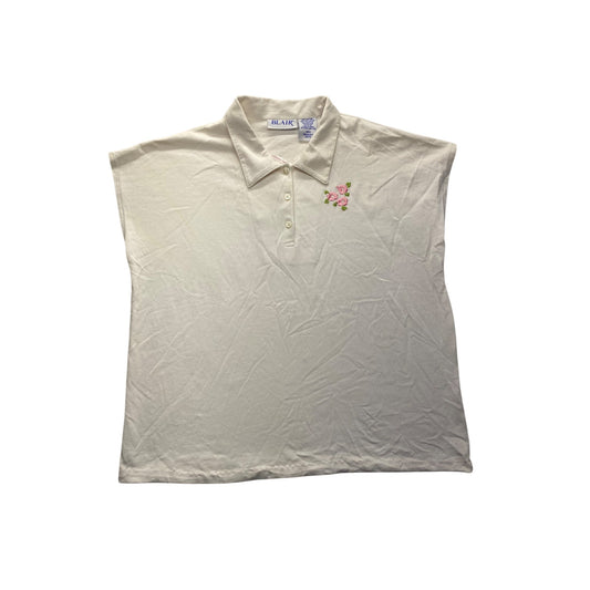 Blair Womens Ivory Polo Shirt With Pink Floral Embroidery #7363
