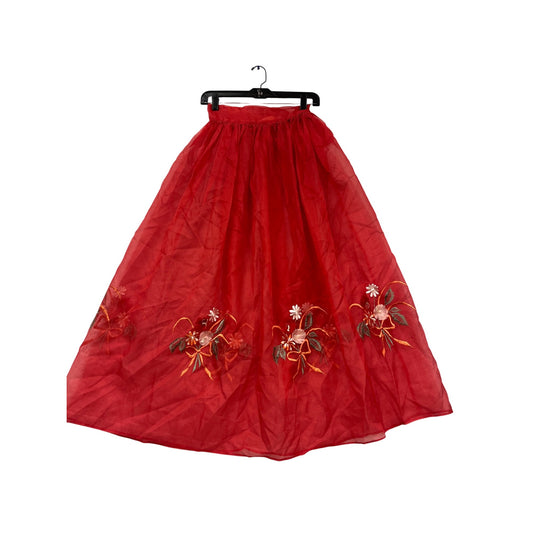 Red Embroidered Floral Mesh Skirt S/M #157C