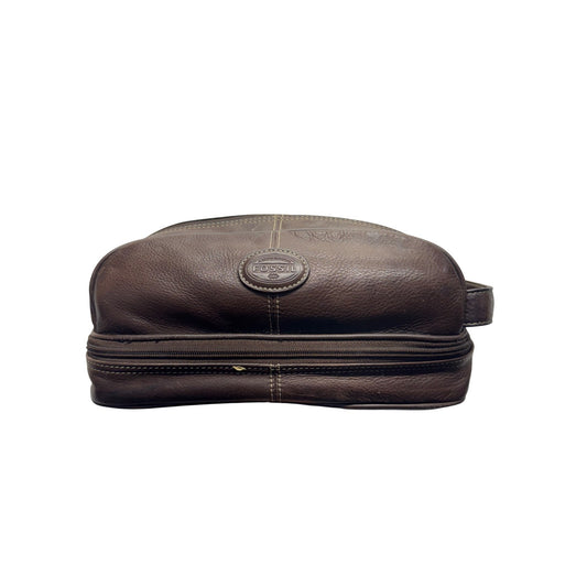 Fossil Brown Leather Travel Toiletry Bag Handle & Multiple Compartments 387B