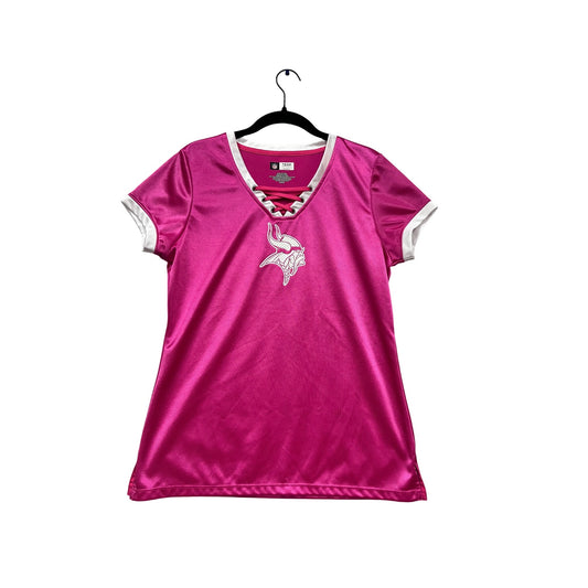 NFL Pink Vikings Team Apparel Lace-Up V-Neck Short Sleeve Shirt #955A