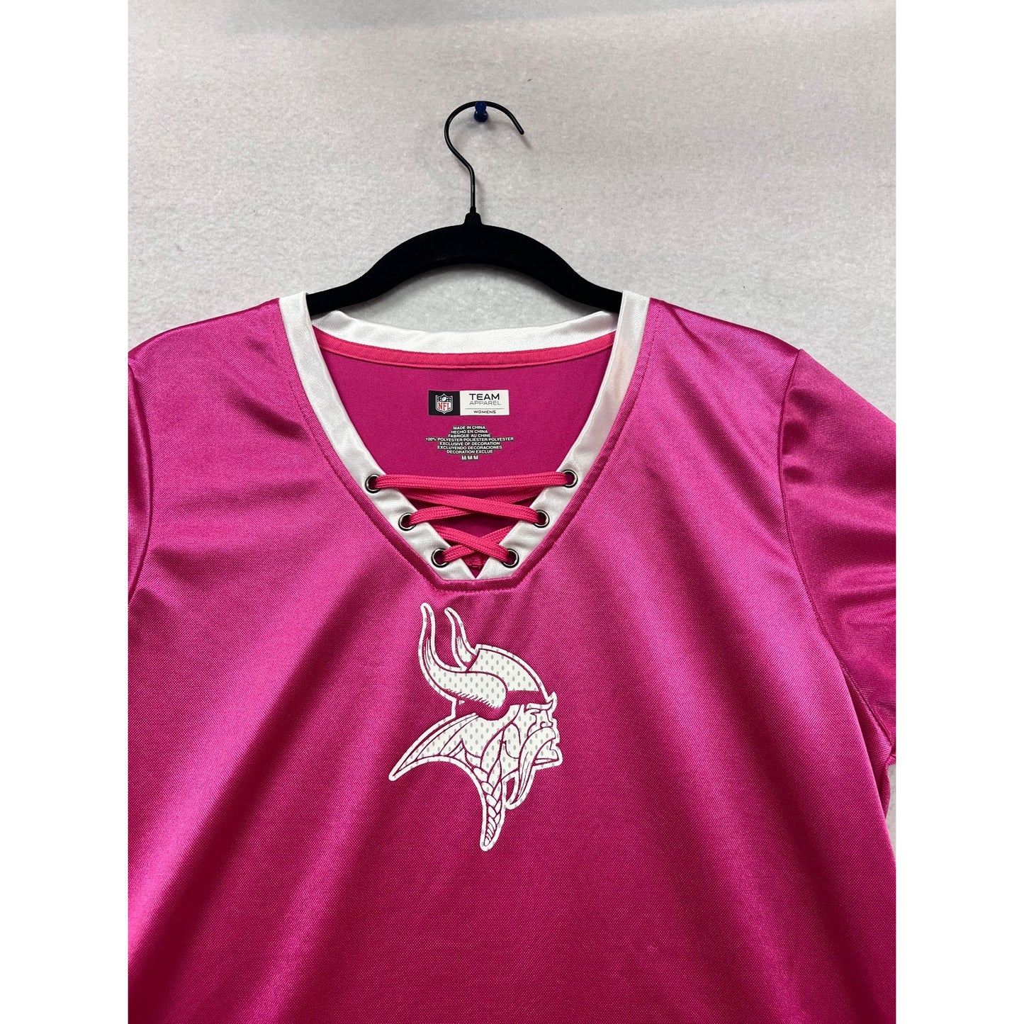 NFL Pink Vikings Team Apparel Lace-Up V-Neck Short Sleeve Shirt #955A