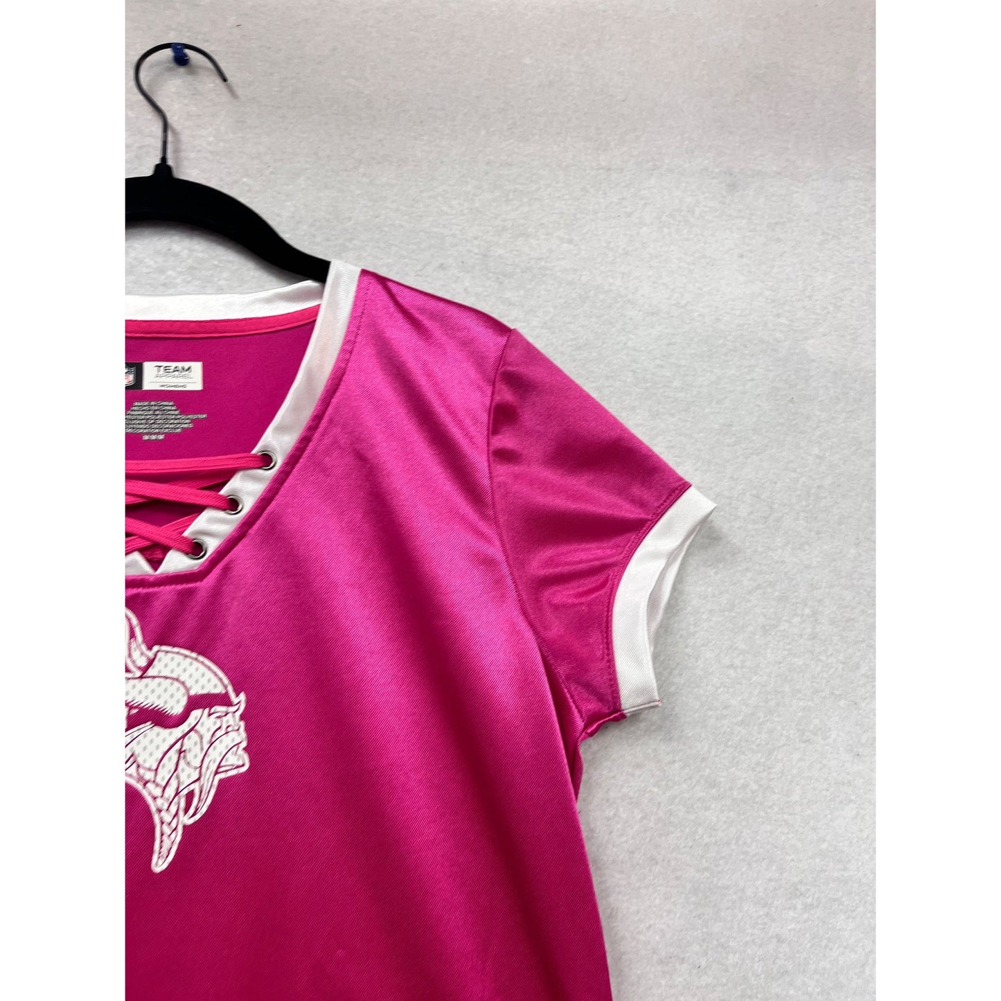 NFL Pink Vikings Team Apparel Lace-Up V-Neck Short Sleeve Shirt #955A