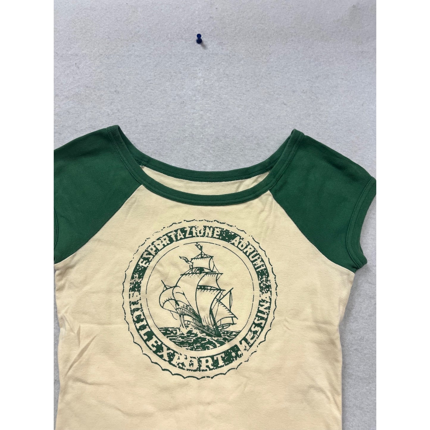 Vintage Style Green & Beige Graphic Cotton T-Shirt #699A