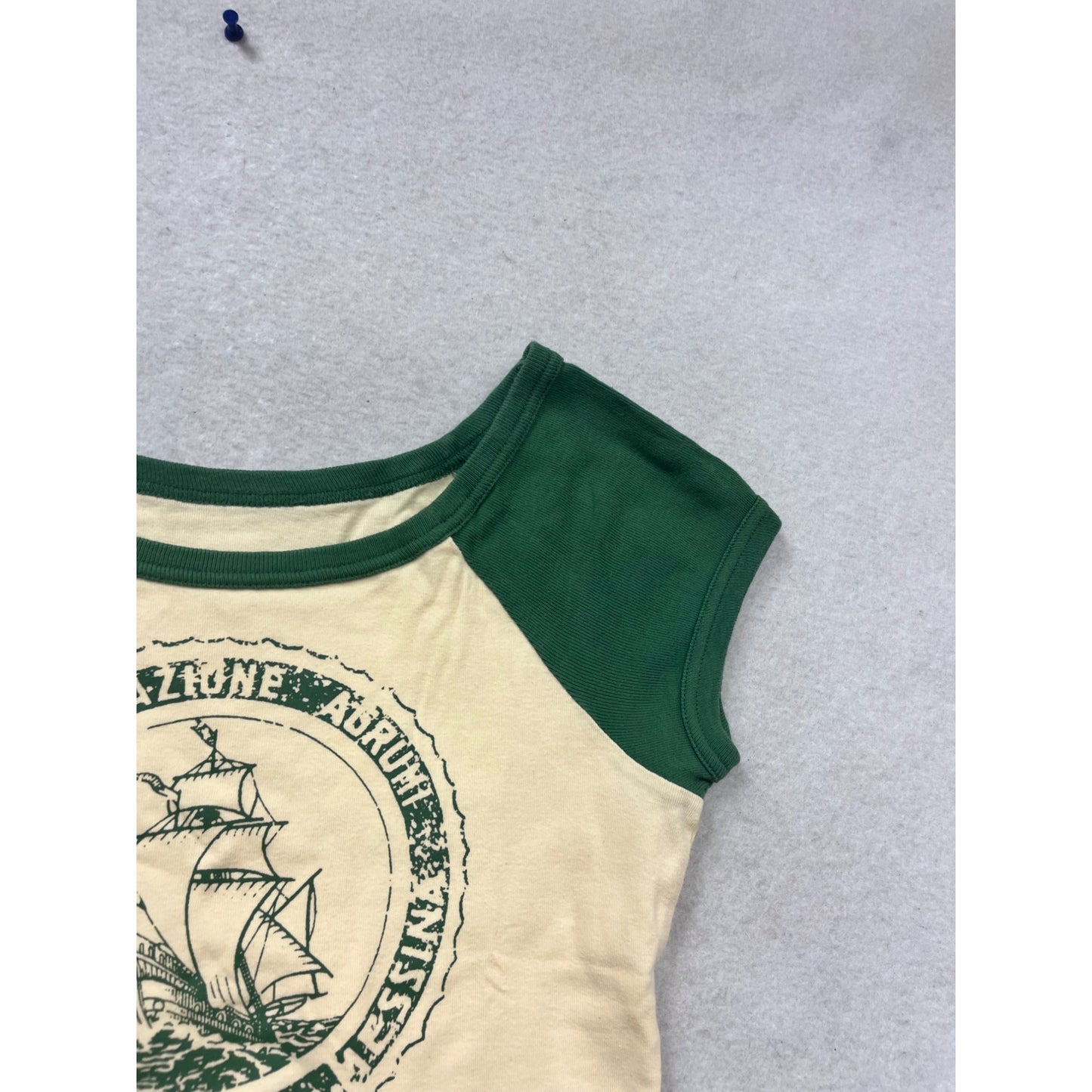 Vintage Style Green & Beige Graphic Cotton T-Shirt #699A