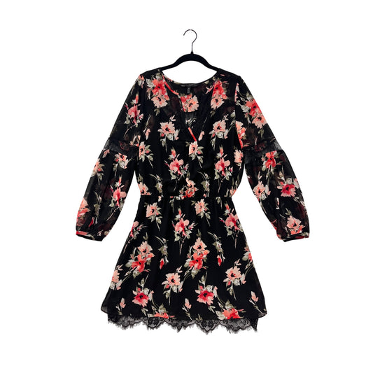 White House Black Market Floral Lace-Trim Dress Womens 10 Black & Red Long Sleeve #6876