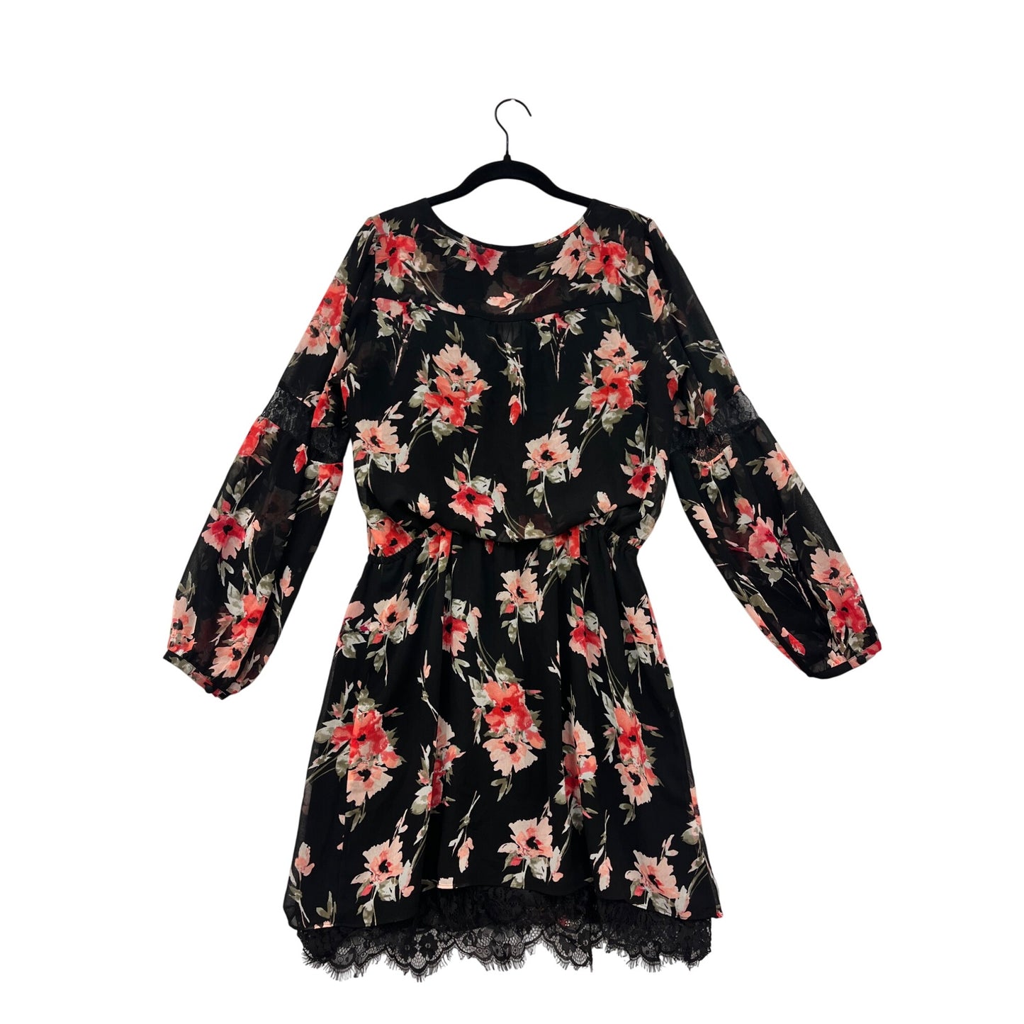 White House Black Market Floral Lace-Trim Dress Womens 10 Black & Red Long Sleeve #6876