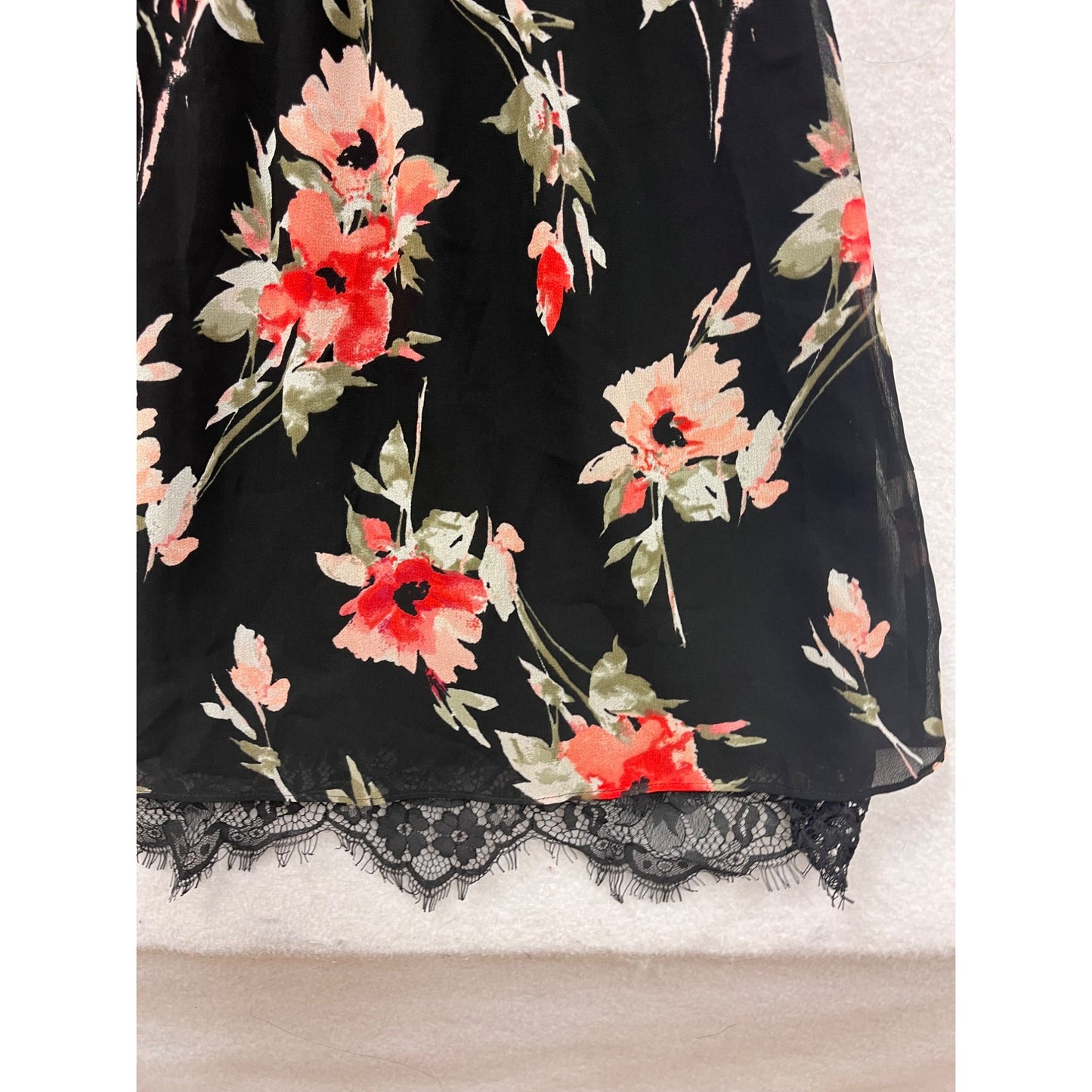White House Black Market Floral Lace-Trim Dress Womens 10 Black & Red Long Sleeve #6876