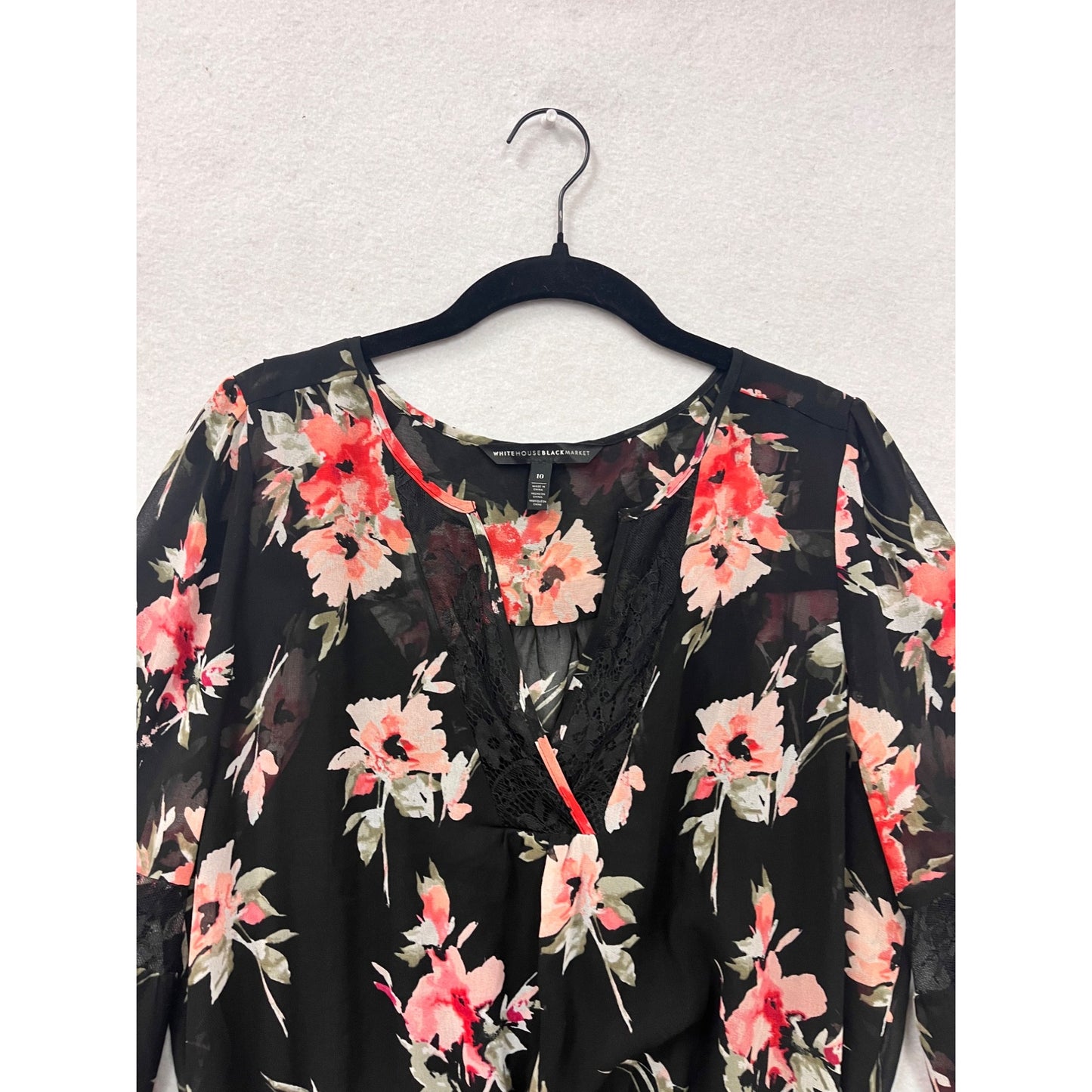 White House Black Market Floral Lace-Trim Dress Womens 10 Black & Red Long Sleeve #6876