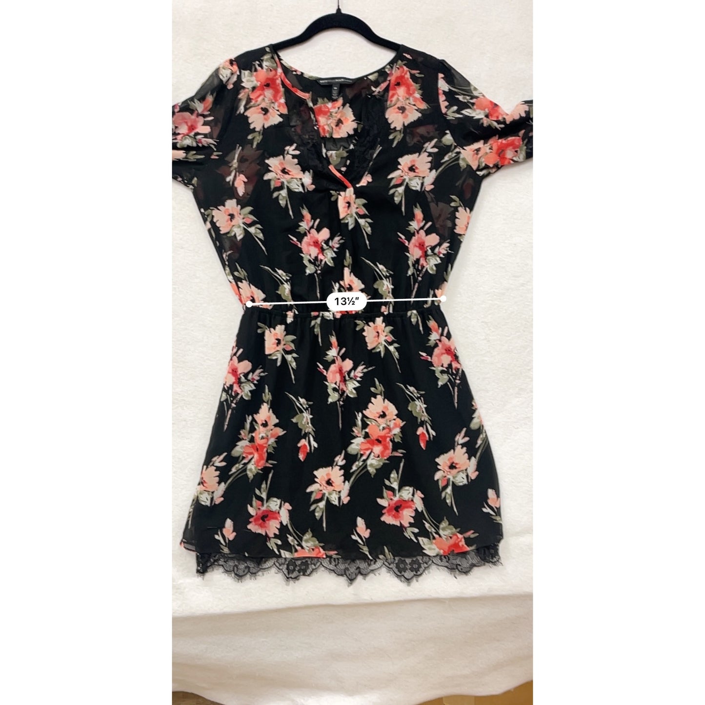 White House Black Market Floral Lace-Trim Dress Womens 10 Black & Red Long Sleeve #6876