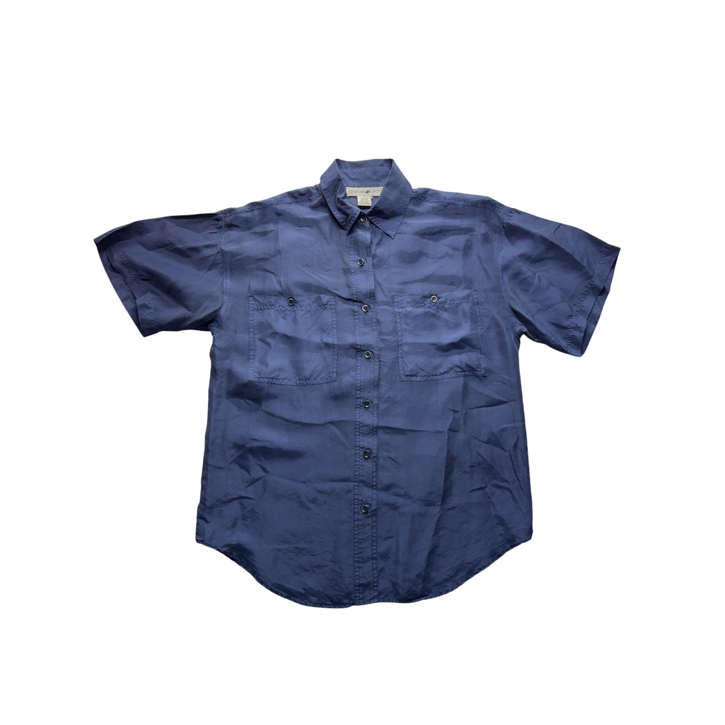 Jonathan Martin Navy Blue 100% Silk Short Sleeve Button-Up Shirt M 302B