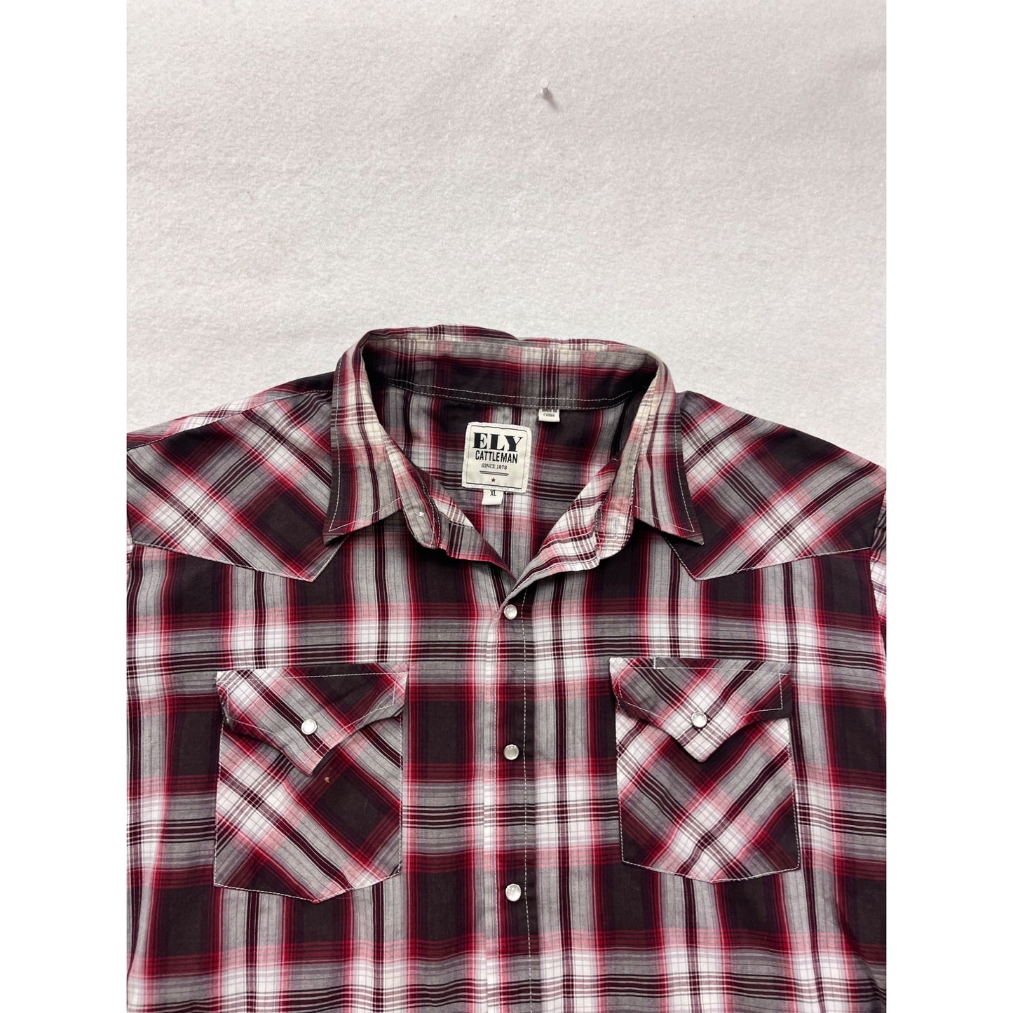 Ely Cattleman XL Red & Black Plaid Western Snap Button Shirt #8697
