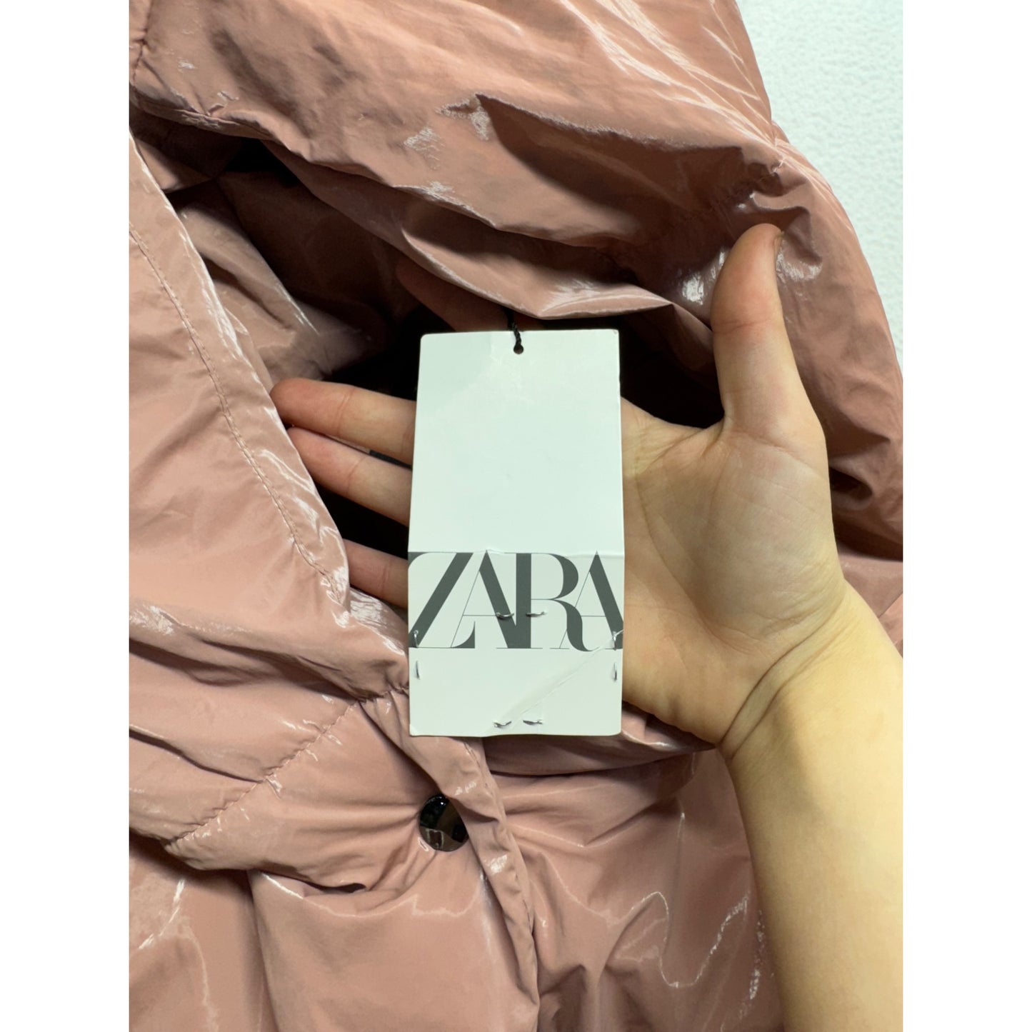 Zara Womens Light Pink Hooded Puffer Coat With Shiny Finish Size S #9509