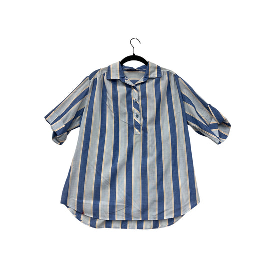 Vintage Miss Fashionality Blue & Yellow Striped Button-Front Womens Blouse With 3/4 Sleeves #6746