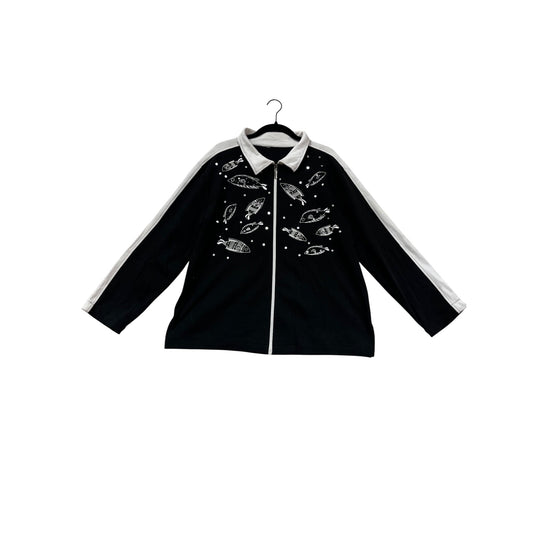 Vintage Huaxing Black & White Fish Print Jacket Large #389A