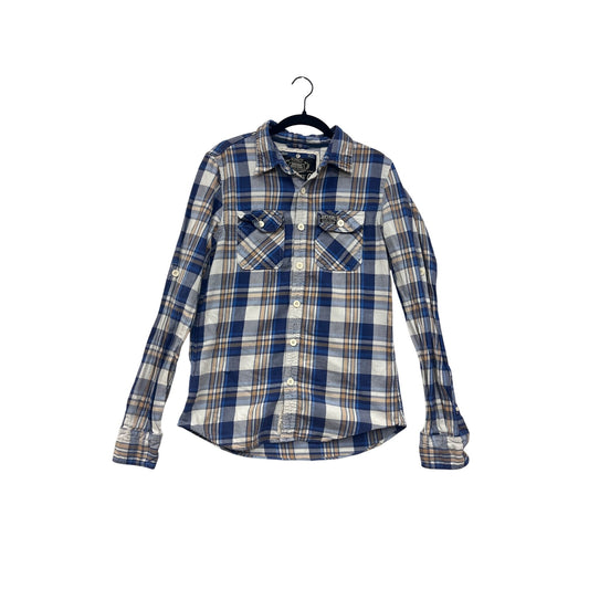Superdry Co Mens Medium Blue & Beige Plaid Button-Up Long Sleeve Shirt #6942