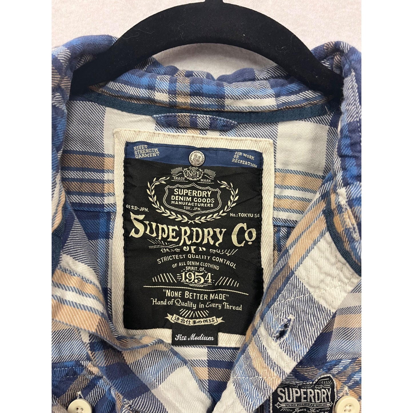 Superdry Co Mens Medium Blue & Beige Plaid Button-Up Long Sleeve Shirt #6942