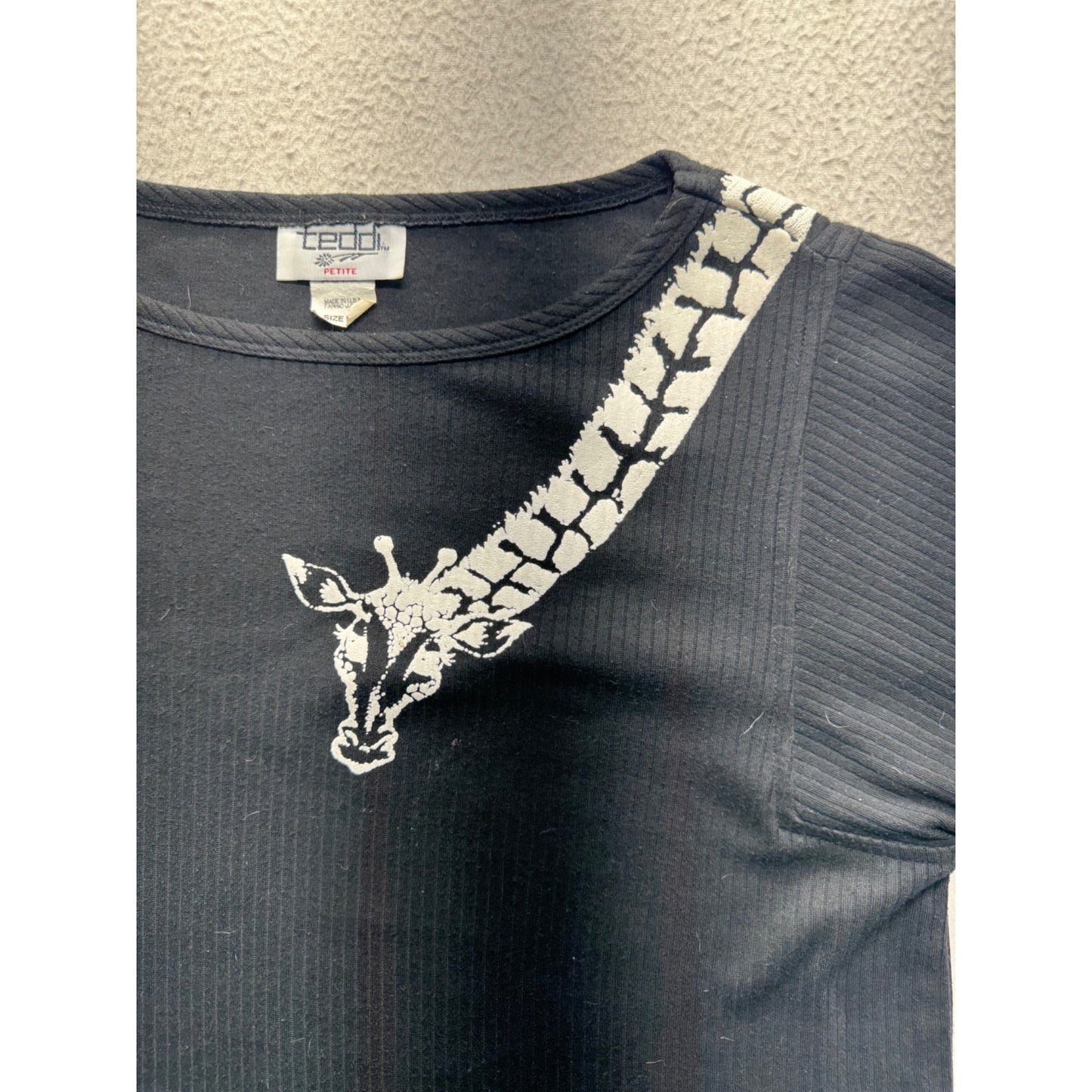 Giraffe Graphic Black Ribbed T-Shirt Petite Size PS Cotton Blend USA Made #9717