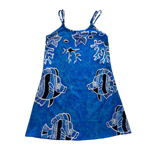 Sleeveless Rima Batik Fish Design Dress L Blue & White #326B