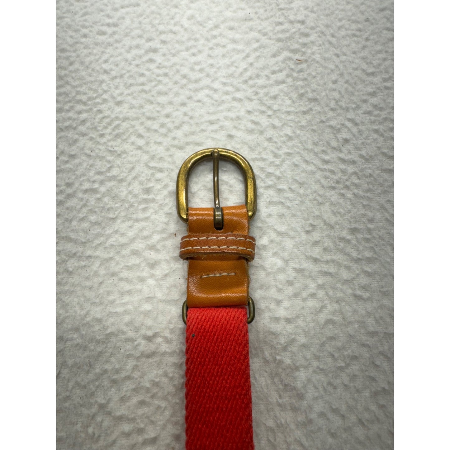 Vintage Red Canvas Belt With Leather Accents & Brass Buckle Adjustable Fit #9896