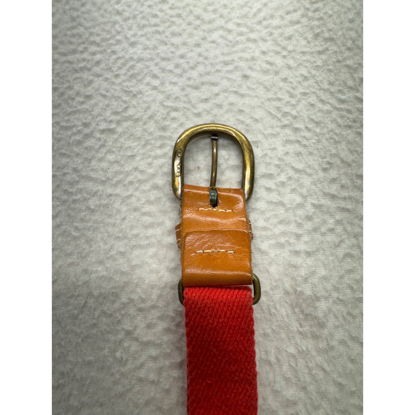 Vintage Red Canvas Belt With Leather Accents & Brass Buckle Adjustable Fit #9896