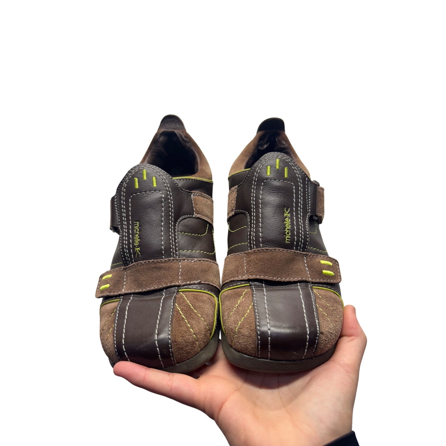 Michelin K Brown & Lime Green Leather/Suede Casual Velcro Sneakers #9472