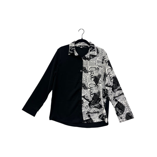 Black & White Button-Up Shirt With Newspaper Print Long Sleeves Yong Fong Womens M Lightweight Casual Fit #6903