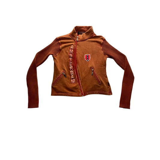 Amsterdam Orange Zip-Up Sweatshirt With Ribbed Sleeves & Embroidered Logo #7368