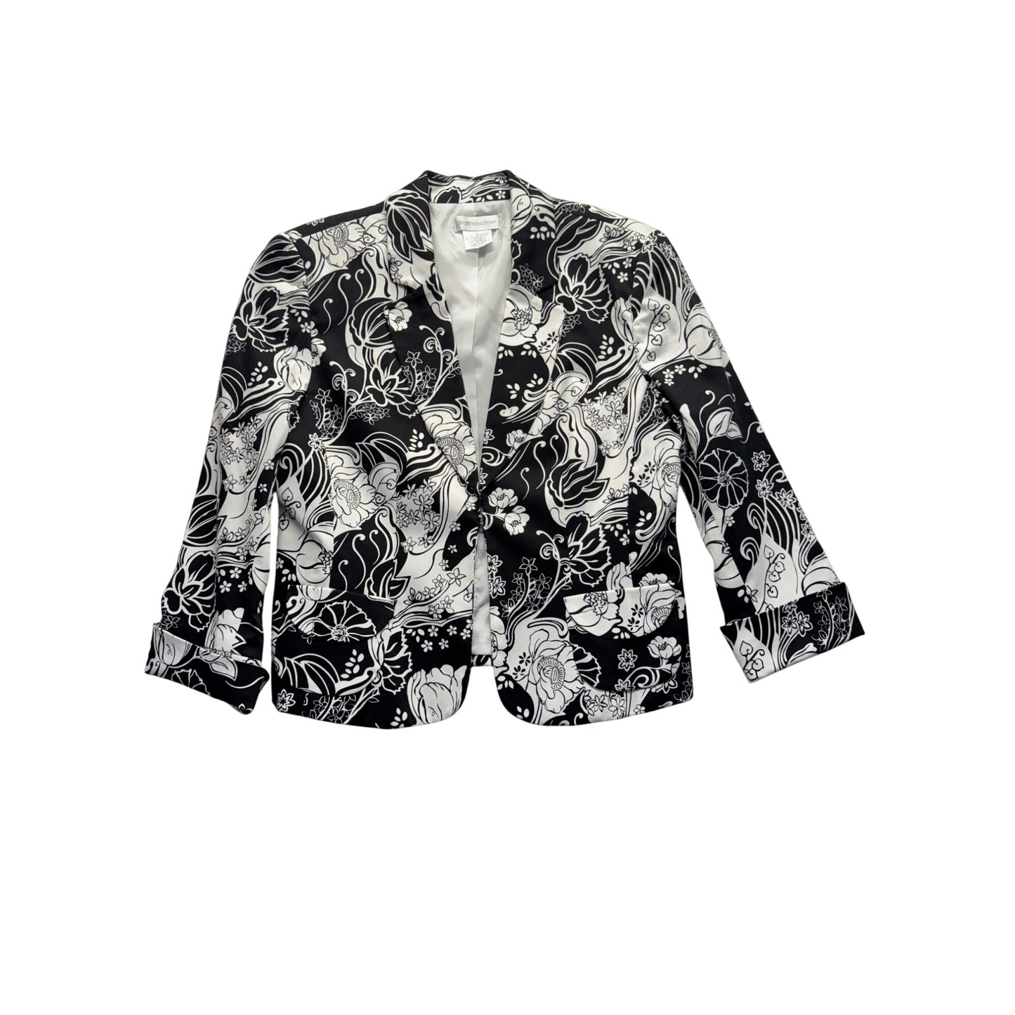 Worthington Black & White Floral Print Blazer Size 12 Polyester #9422