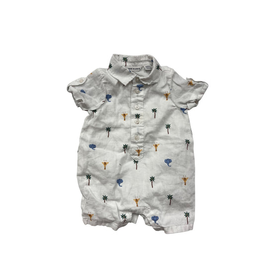 Baby Boy Janie & Jack Safari Print Linen Cotton Romper 0-3M Short Sleeve Button-Front #6830