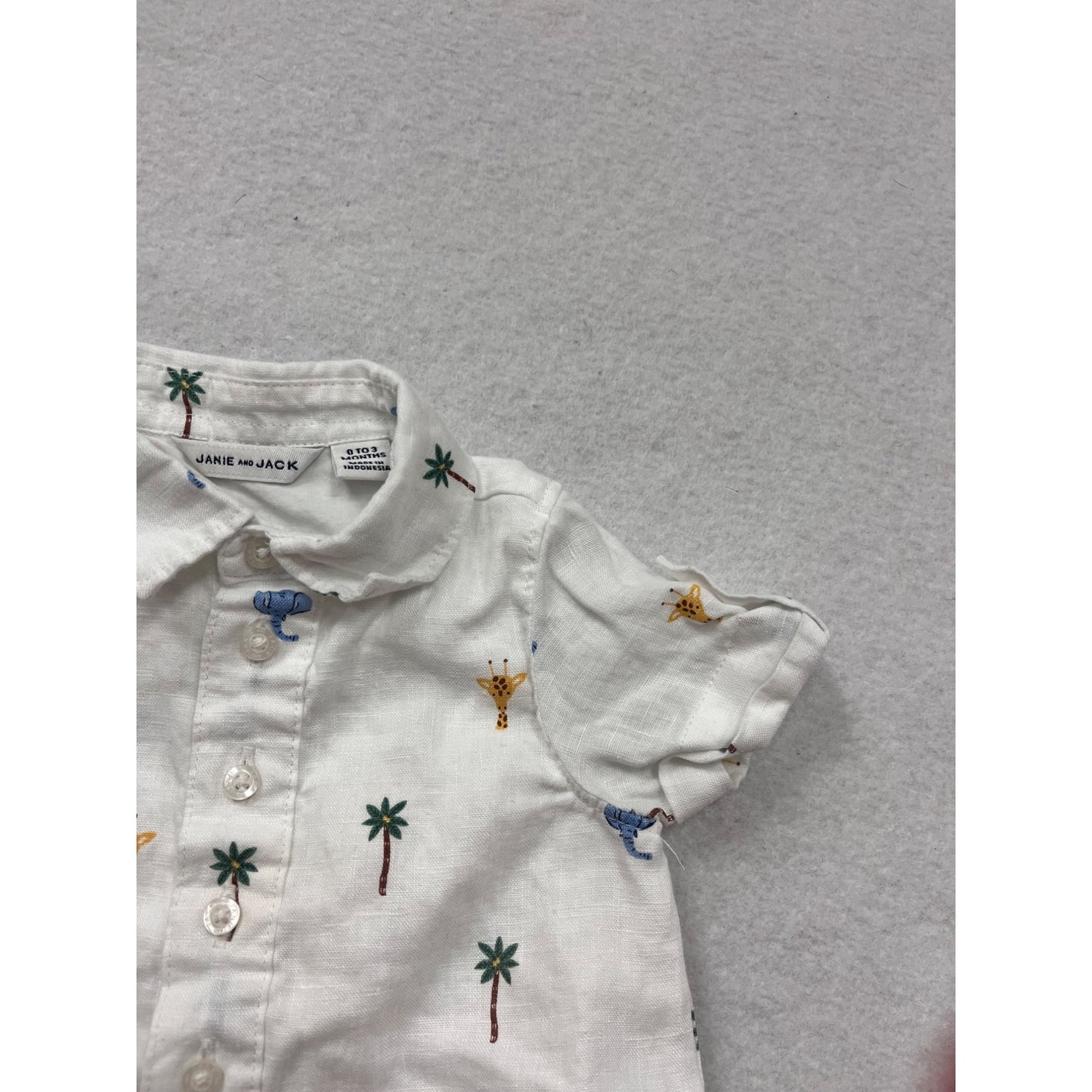 Baby Boy Janie & Jack Safari Print Linen Cotton Romper 0-3M Short Sleeve Button-Front #6830