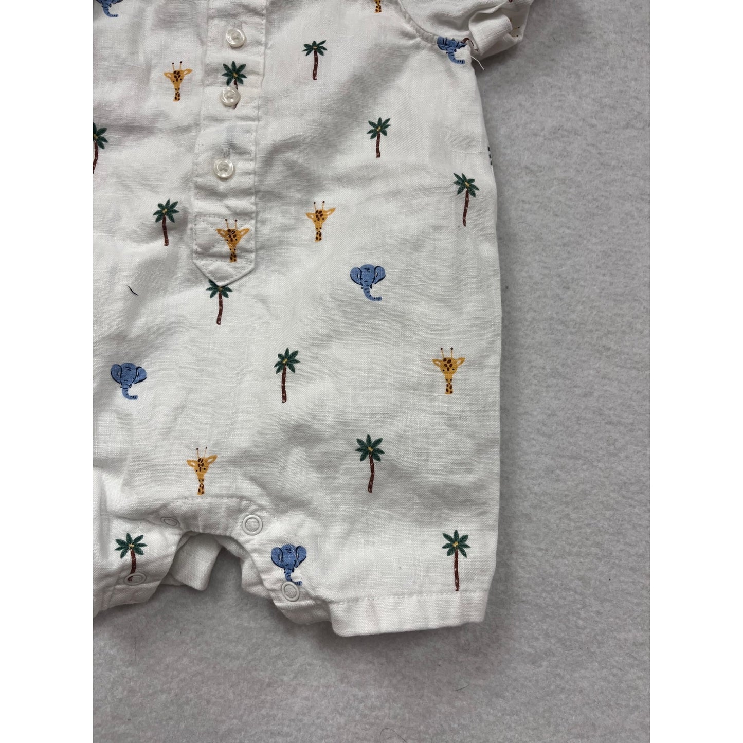 Baby Boy Janie & Jack Safari Print Linen Cotton Romper 0-3M Short Sleeve Button-Front #6830
