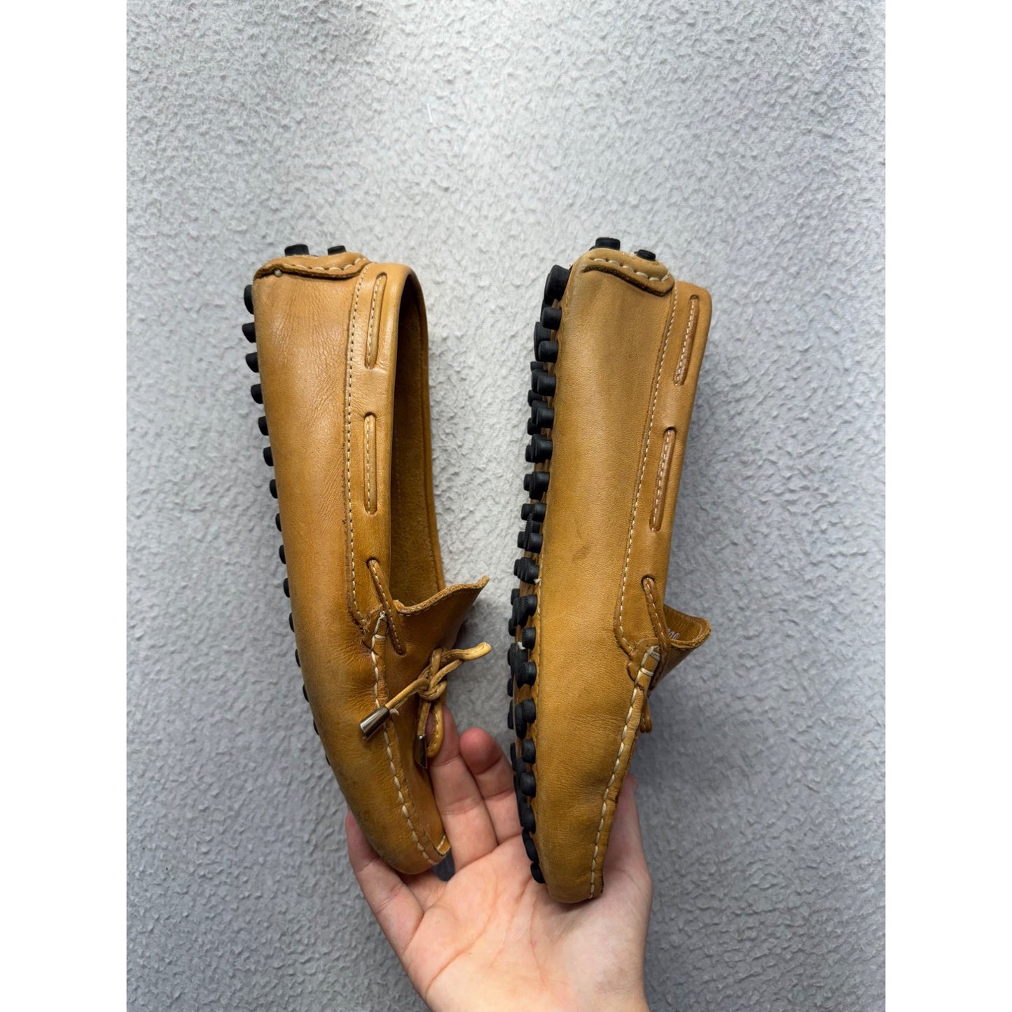 Leather Driving Moccasins With Pebbled Rubber Soles & Bow Detail - Tan #9736