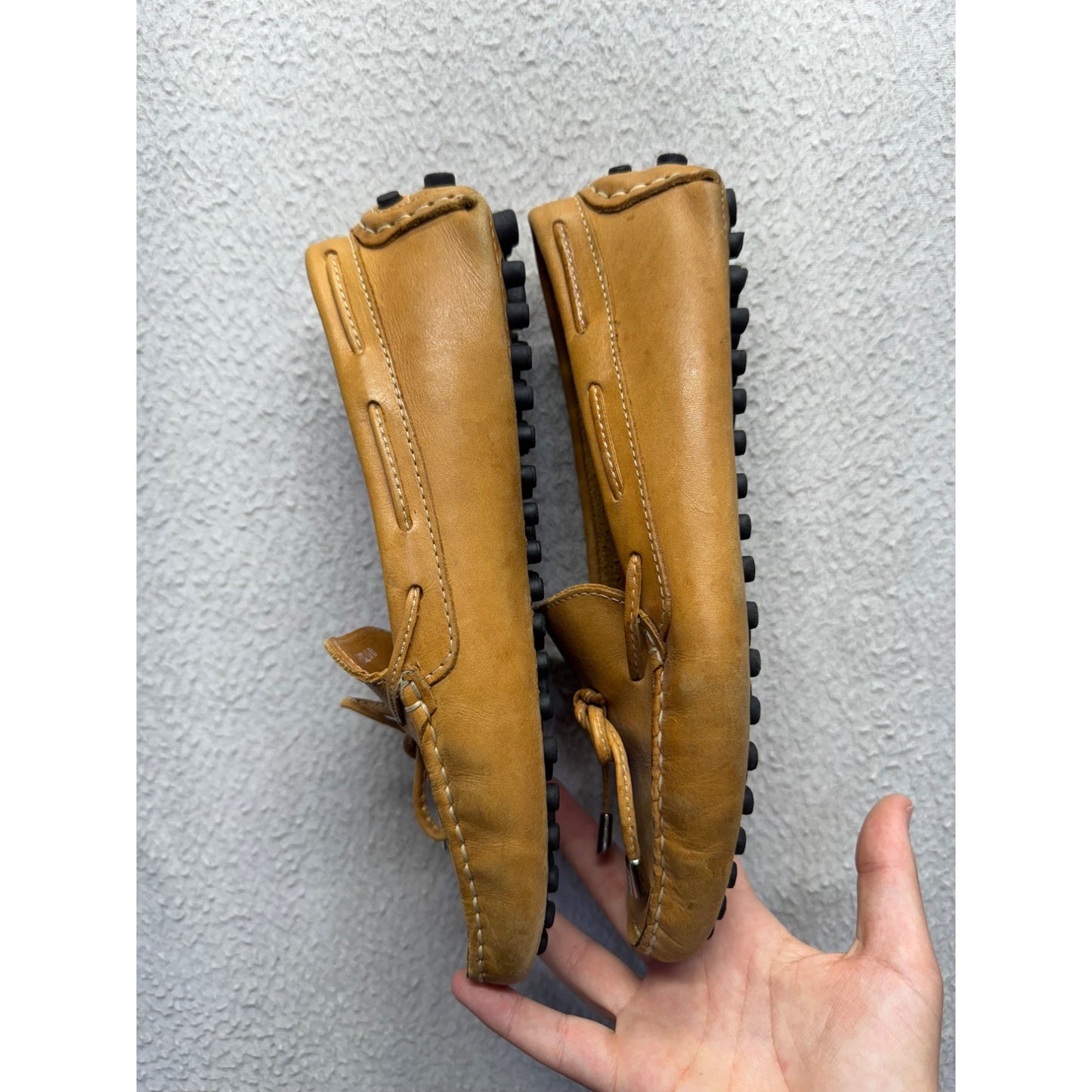 Leather Driving Moccasins With Pebbled Rubber Soles & Bow Detail - Tan #9736
