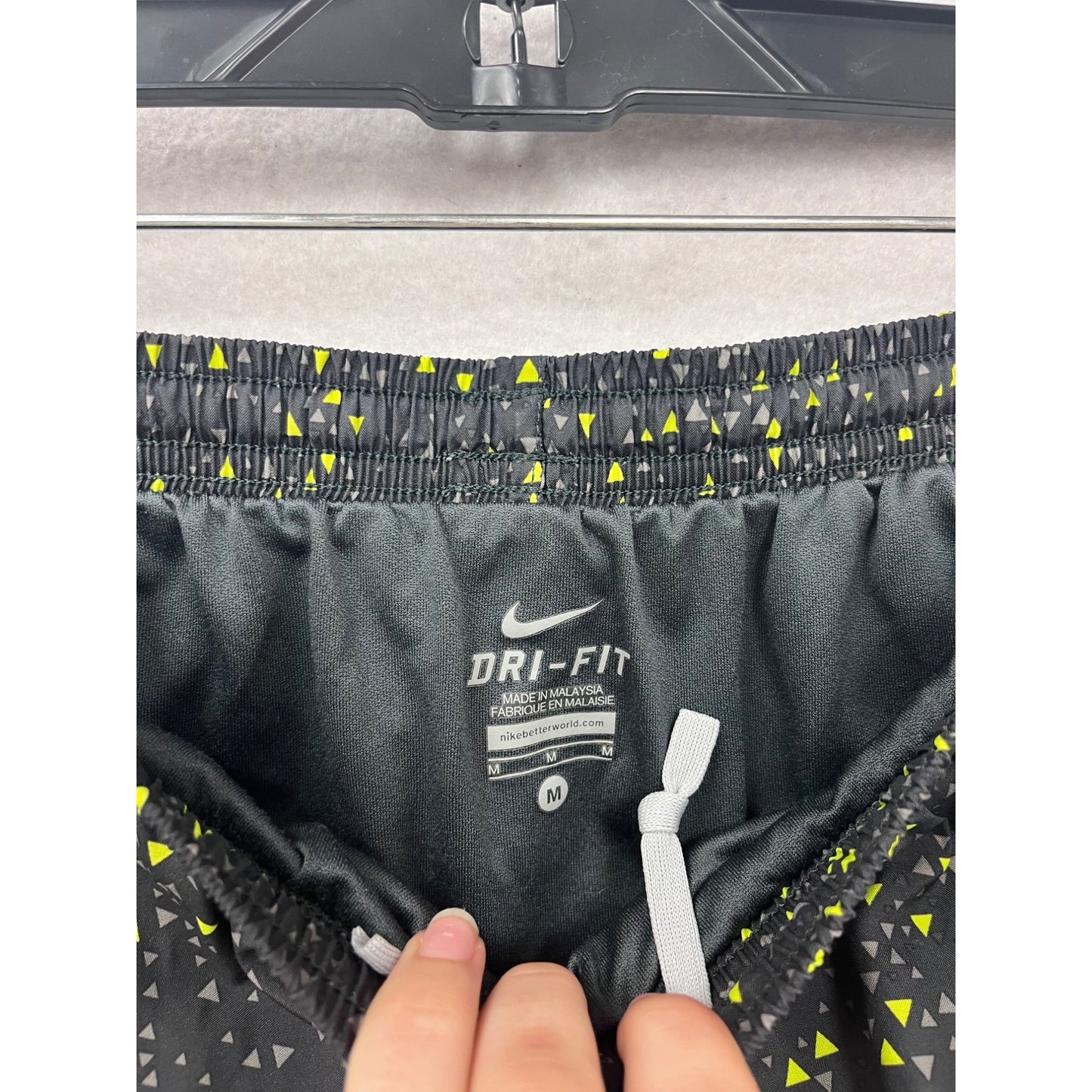 Nike Dri-Fit Running Shorts M Black Yellow Triangle Print Athletic Wear #301A