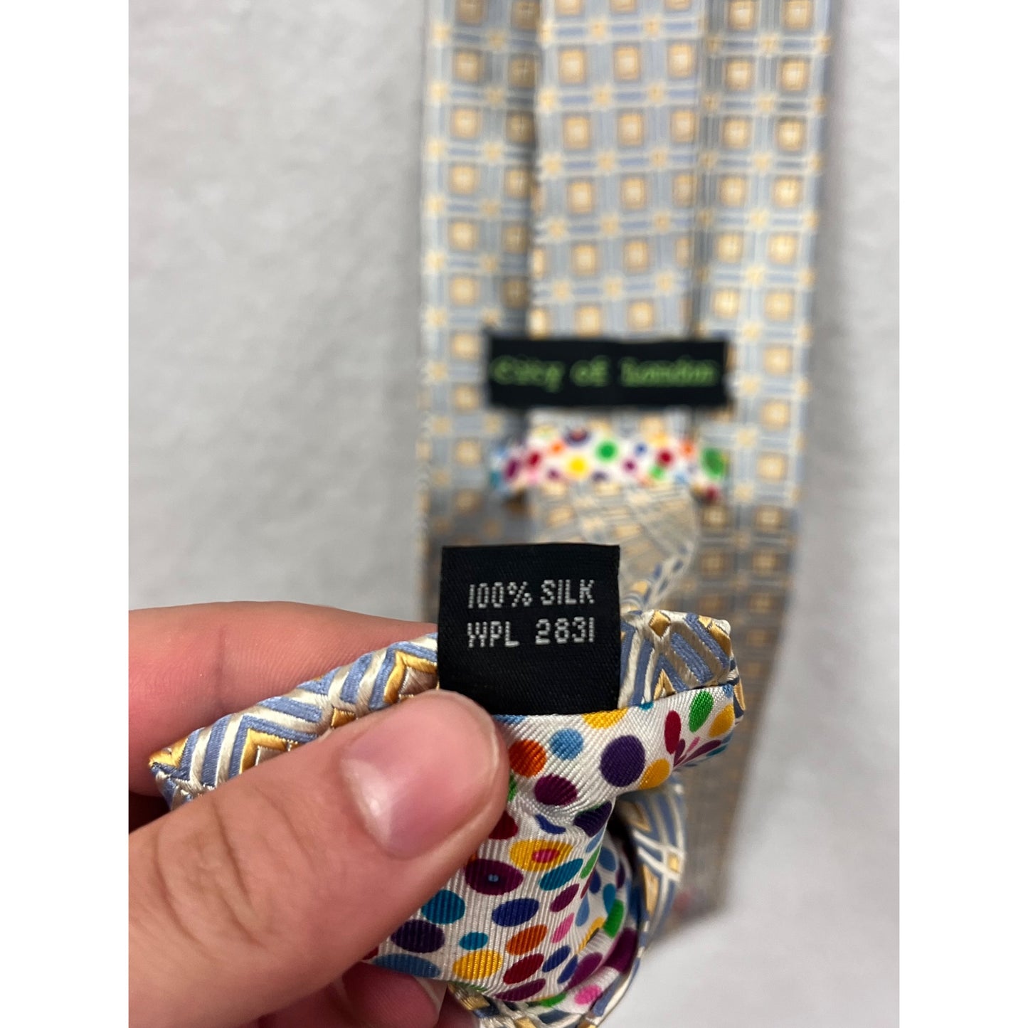 City Of London Geometric Pattern Silk Tie Gold & Blue #8541