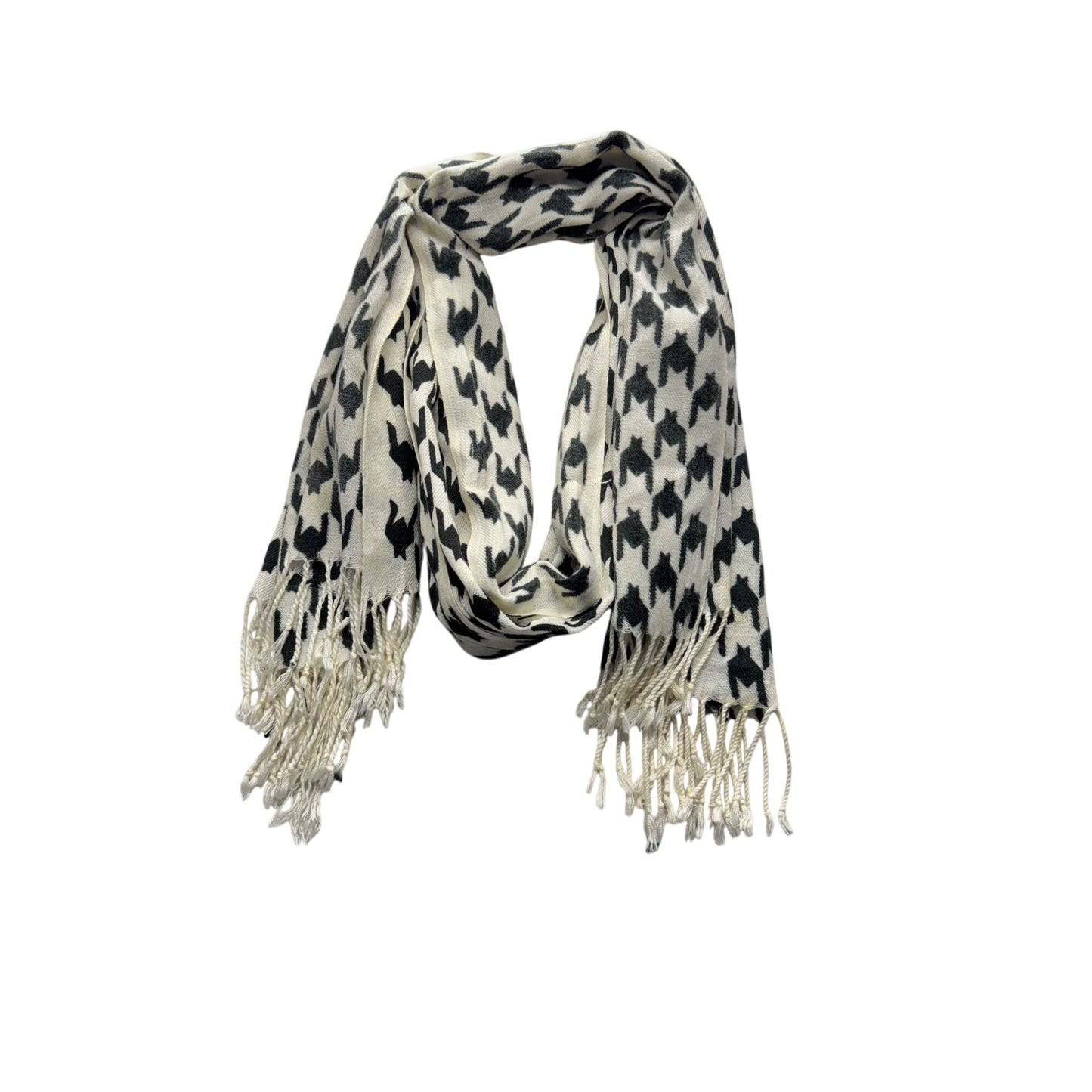 Black & White Houndstooth Pattern Scarf With Fringe Trim Lightweight #9388