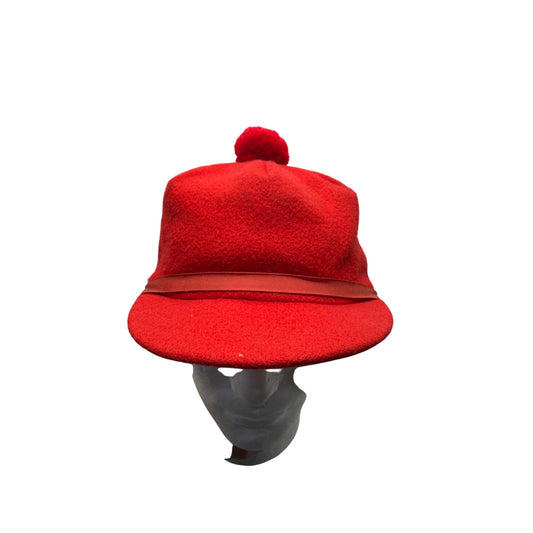 Vintage Red Wool Hat With Pom-Pom & Visor Size 7 5/8 Made In USA #9239
