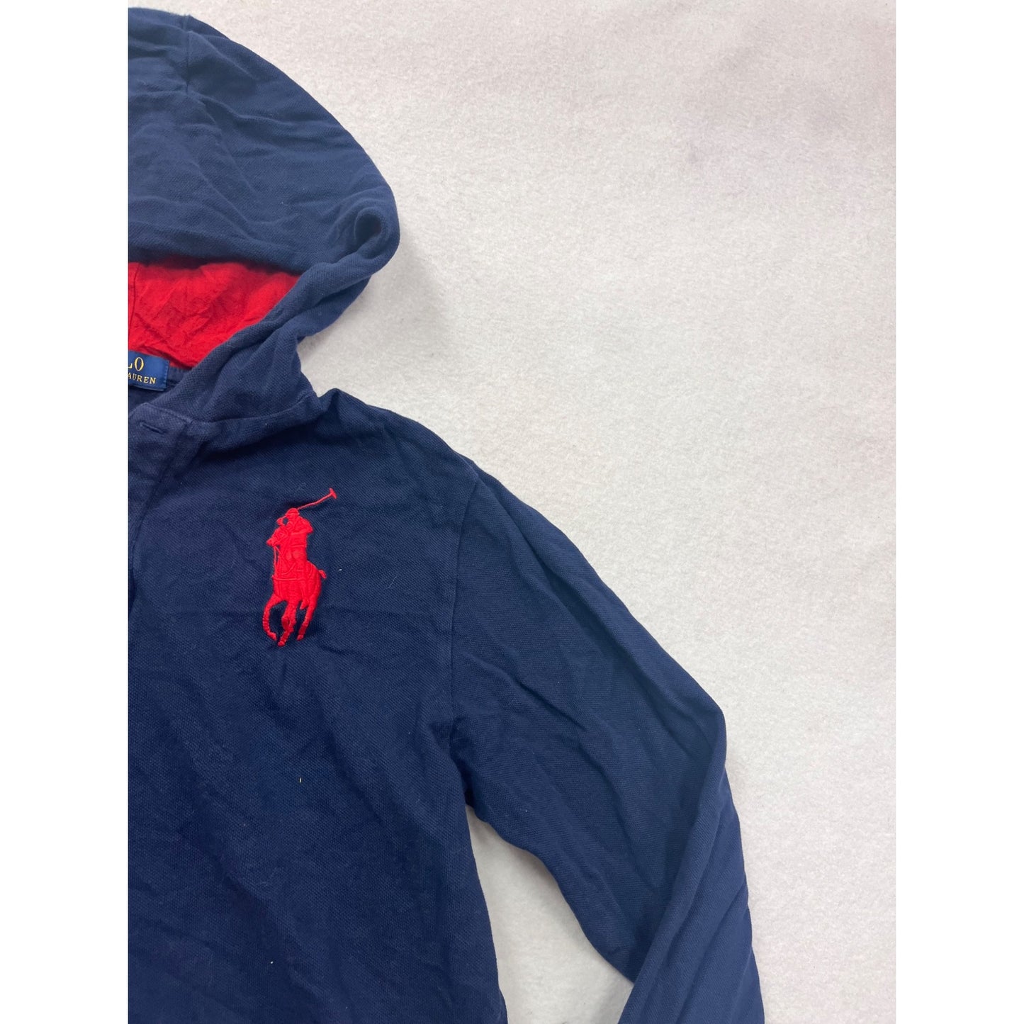 Boys Large Polo Ralph Lauren Navy Hoodie With Red Accents & Embroidered Logo #8879