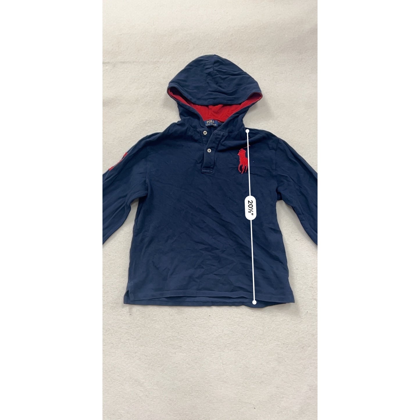 Boys Large Polo Ralph Lauren Navy Hoodie With Red Accents & Embroidered Logo #8879