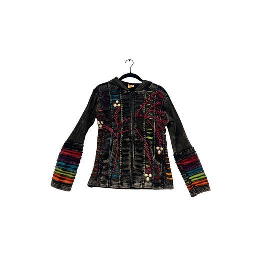 Vintage Inspired Embroidered Denim Hoodie Jacket With Colorful Ethnic Detailing #817A